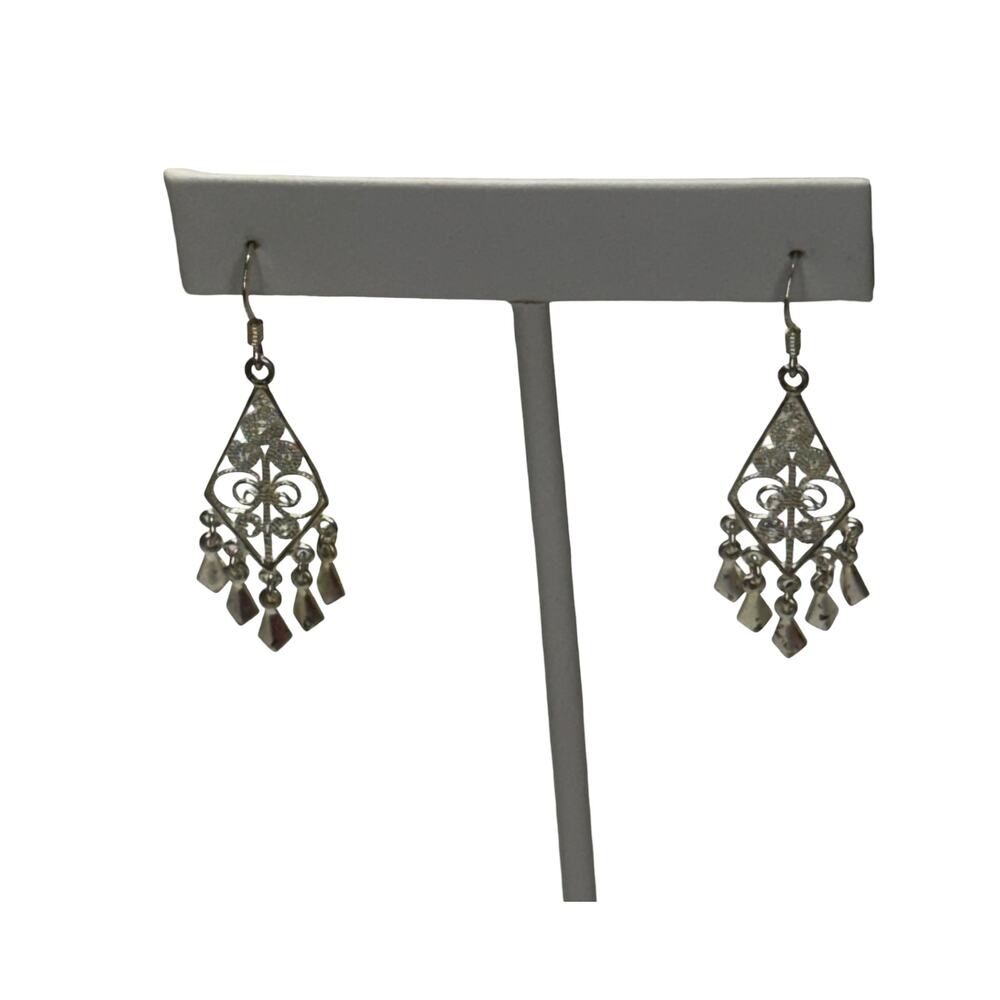 Silver Filigree Chandelier Drop Earrings Fleur de Lis Scrollwork Dangle - Picture 1 of 6